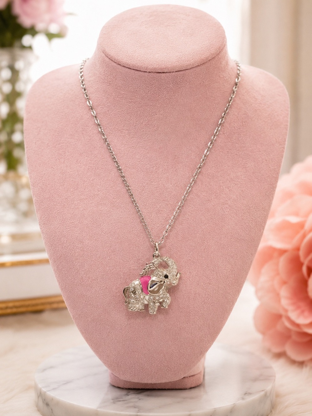 Baby Silver Crystal Elephant Pendant Necklace with Pink Accents‎